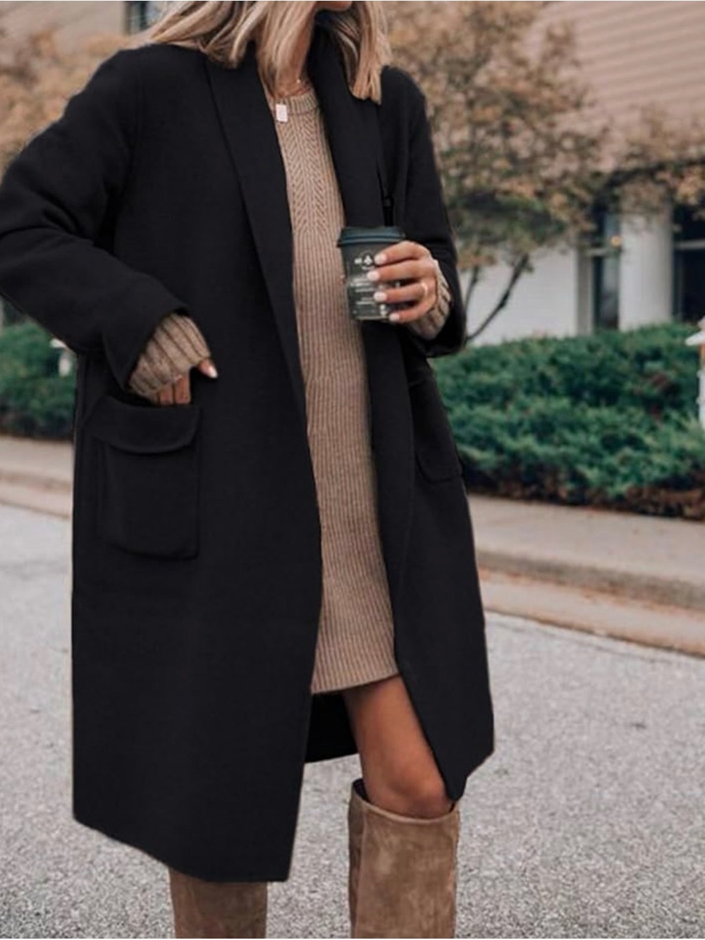 Classic Black Wool Coat with Camel Knit Dress